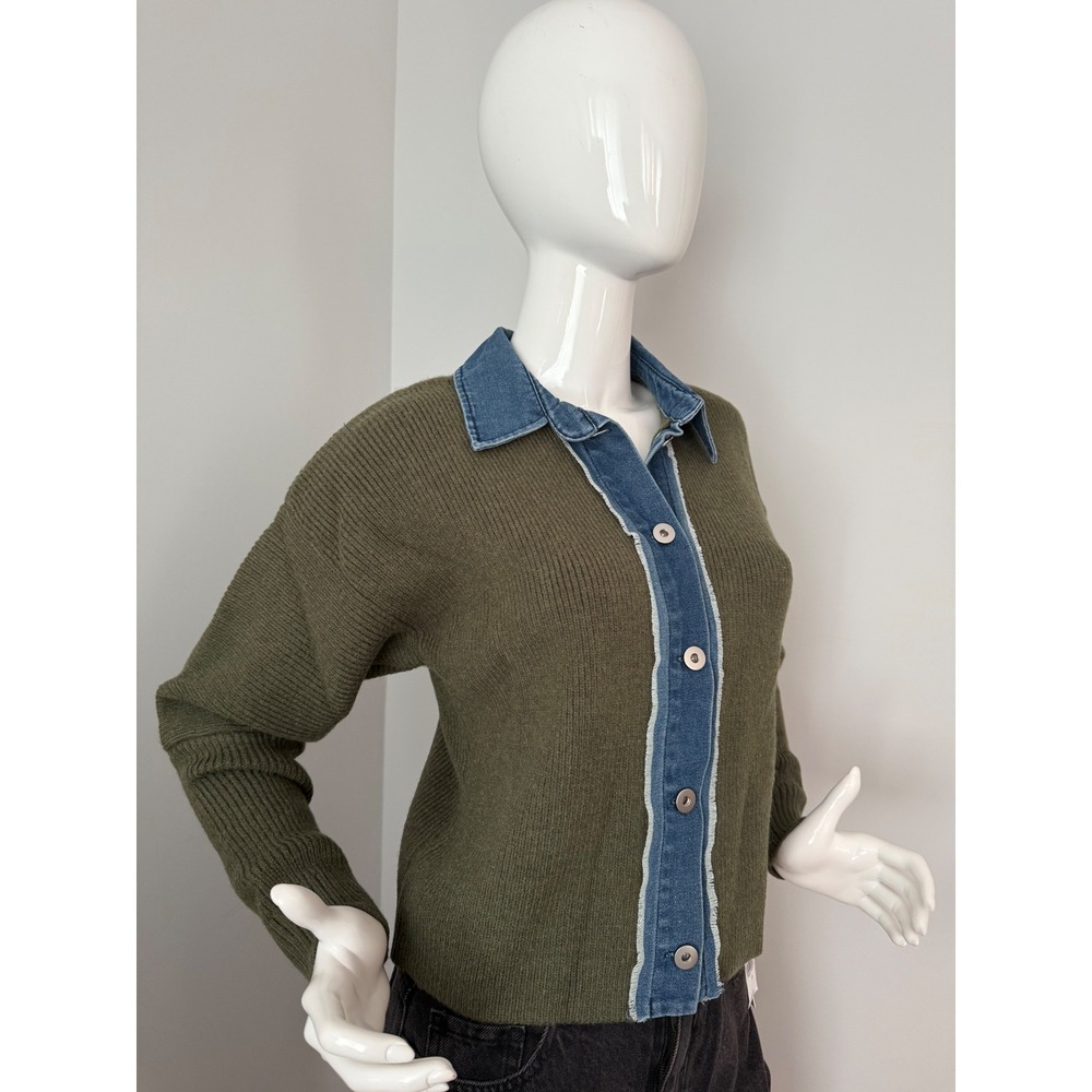 Commense Panel Breasted Stretch Lapel Knit Top Olive Green size M - Picture 5 of 9